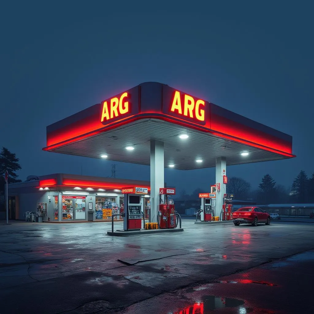 Estación de servicio ARG Fuel iluminada de noche