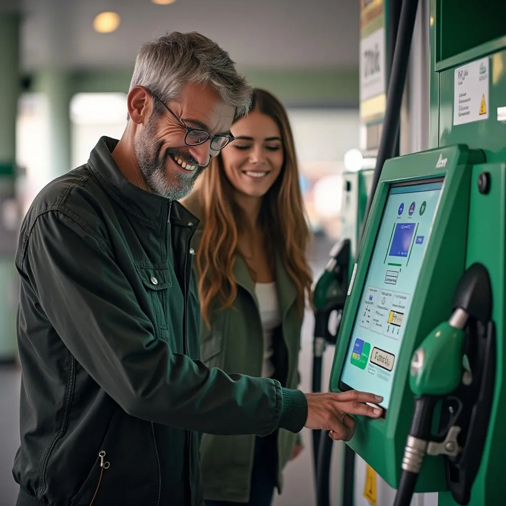 Cliente usando tecnología en estación de servicio